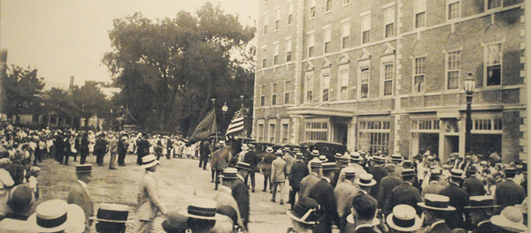 Historical Image of Parade Passing by Hotel Hawthorne, 1925, Member of Historic Hotels of America, in Salem, Massachusetts.