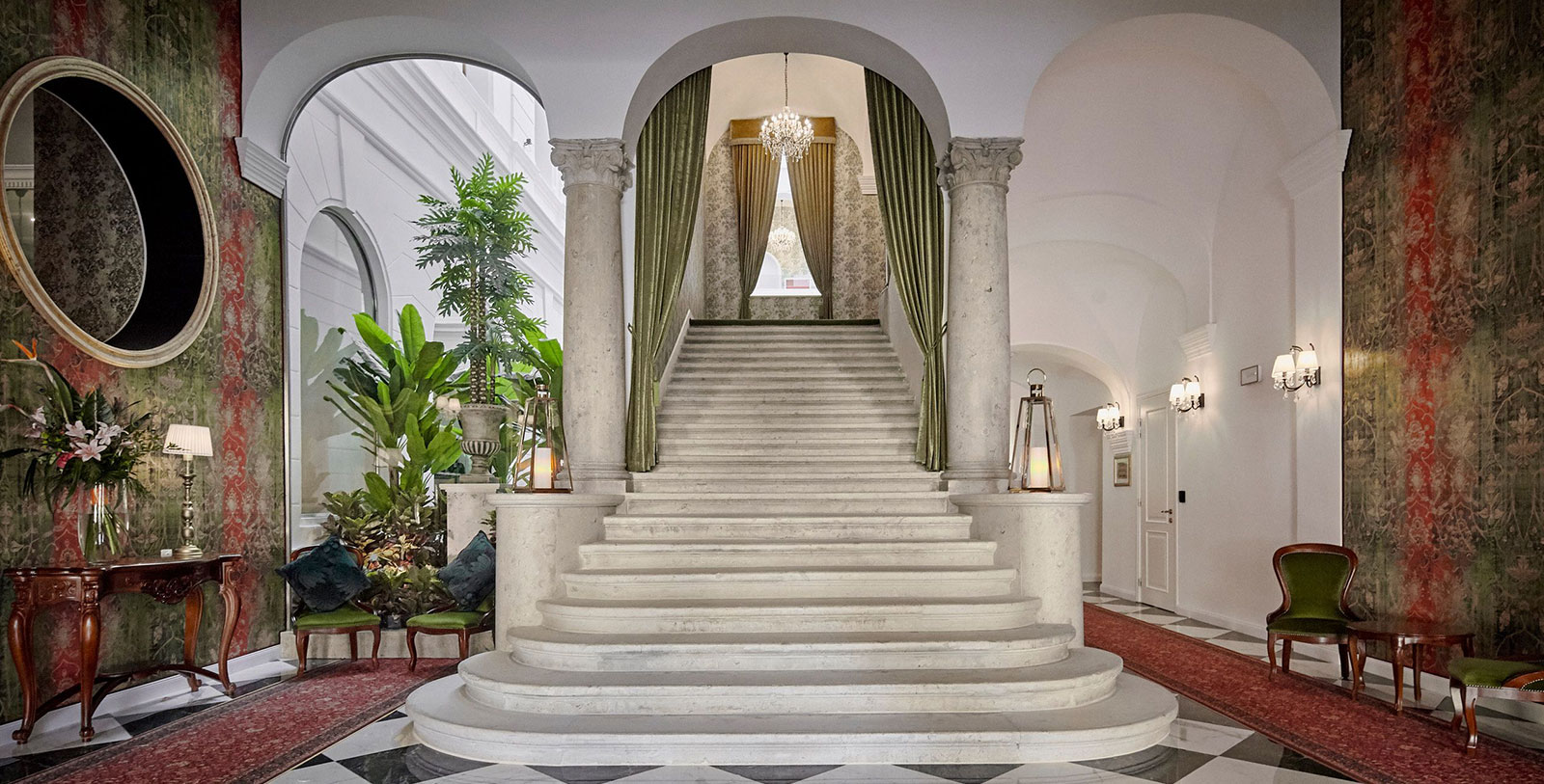 Image of Grand Staircase, Mystery Hotel Budapest, 1896, Member of Historic Hotels Worldwide, Budapest, Hungary, Special Offers, Discounted Rates, Families, Romantic Escape, Honeymoons, Anniversaries, Reunions