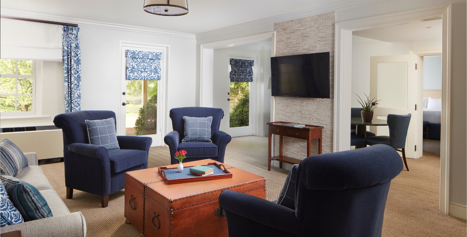 Image of blue lobby seating area at Boar's Head Resort, 1834, Member of Historic Hotels of America, in Charlottesville, Virginia, Hot Deals