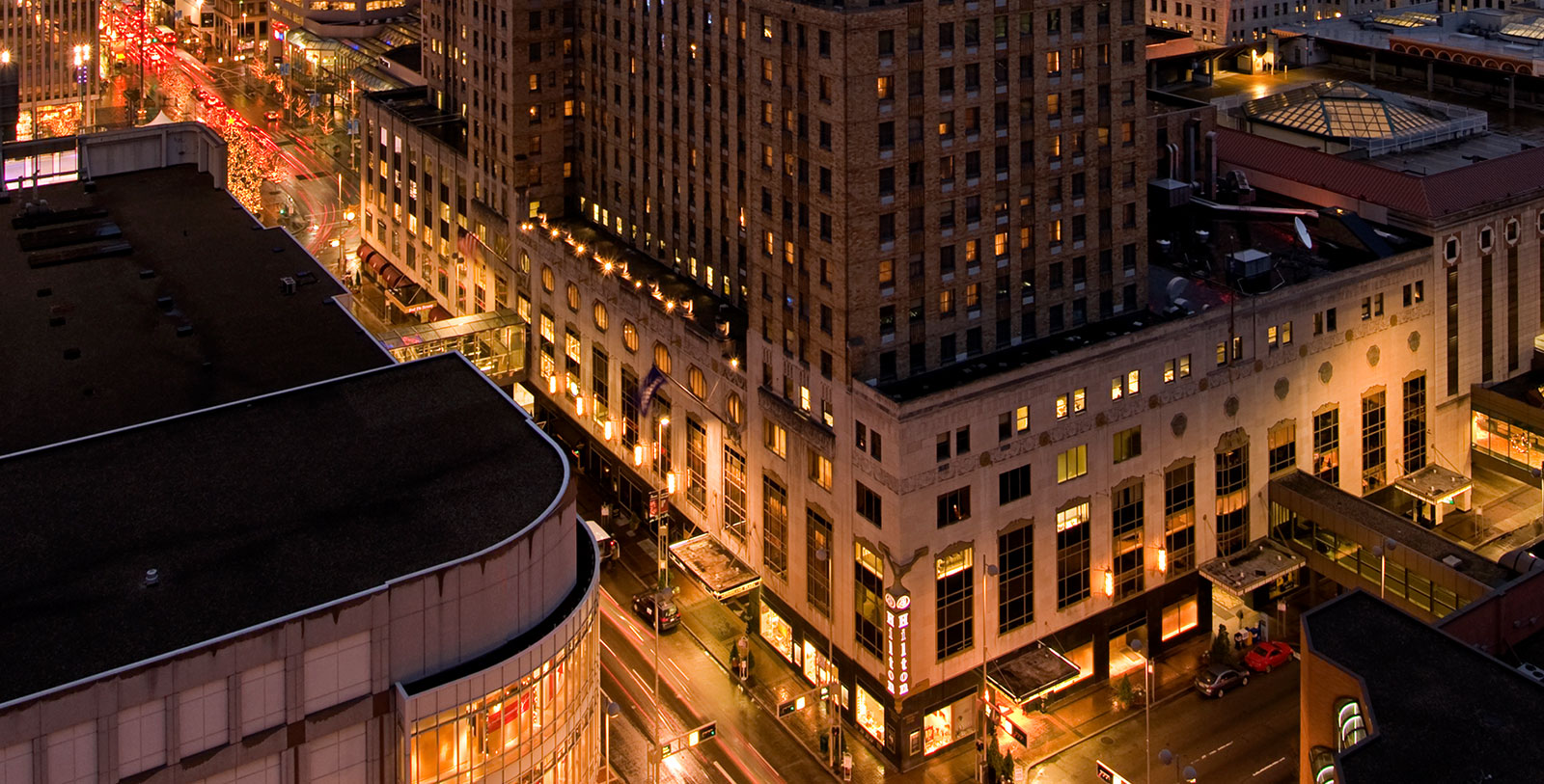 Image of Hotel Exterior at Night, Hilton Cincinnati Netherland Plaza, 1931, Member of Historic Hotels of America, in Cincinnati, Ohio,Experience