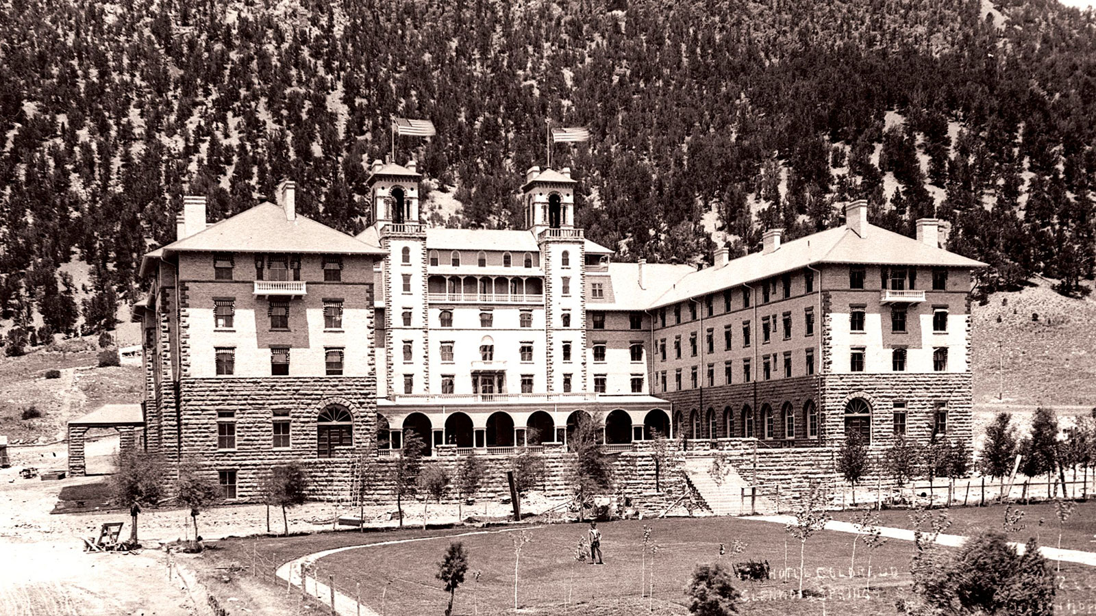 Historic image of hotel exterior at the Hotel Colorado, 1893, Member of Historic Hotels of America, Glenwood Springs, Colorado, History
