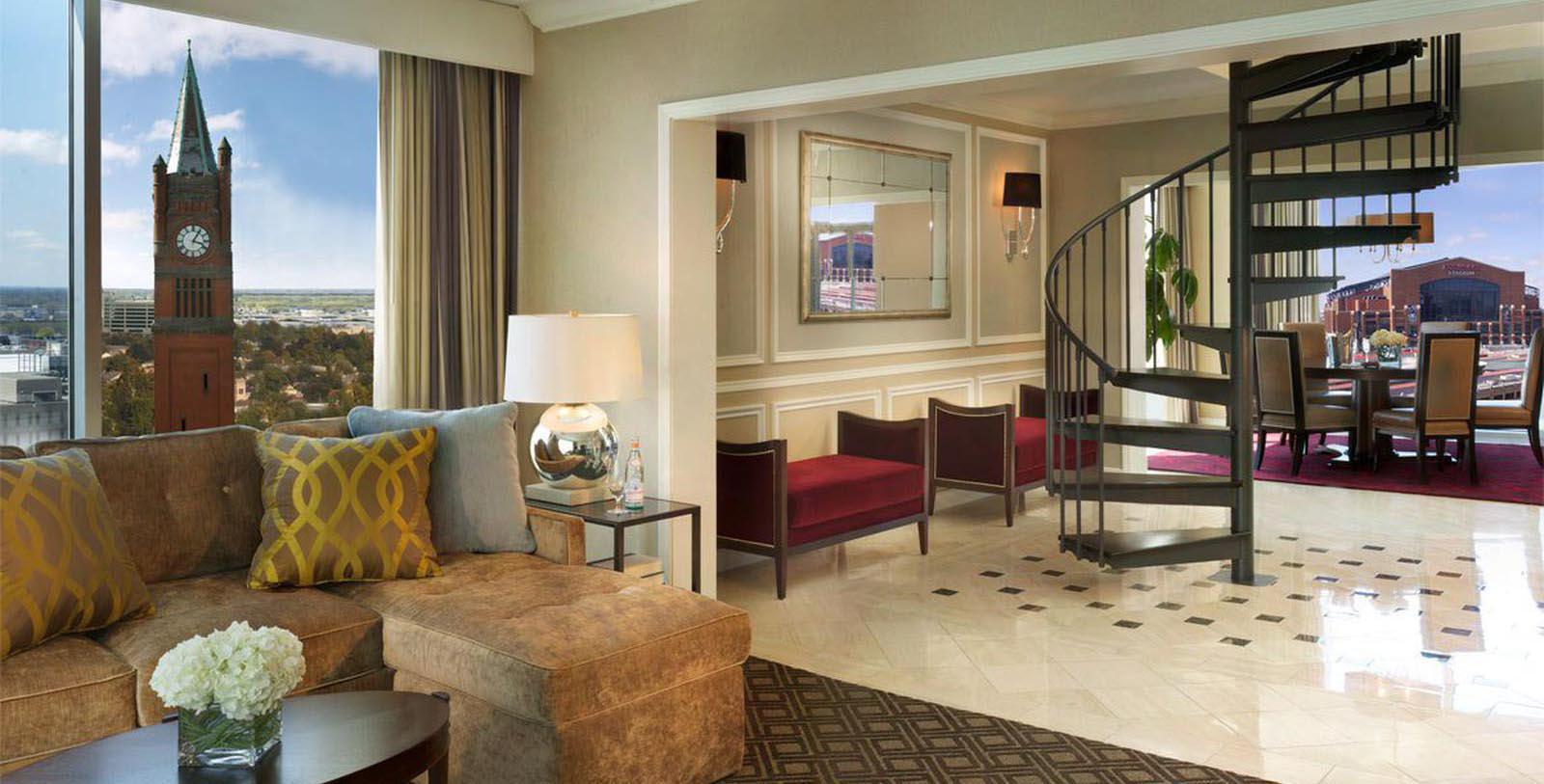 Image of Penthouse Living Room & Sprial Staircase, Omni Severin Hotel, Indianapolis, Indiana, 1913, Member of Historic Hotels of America, Hot Deals