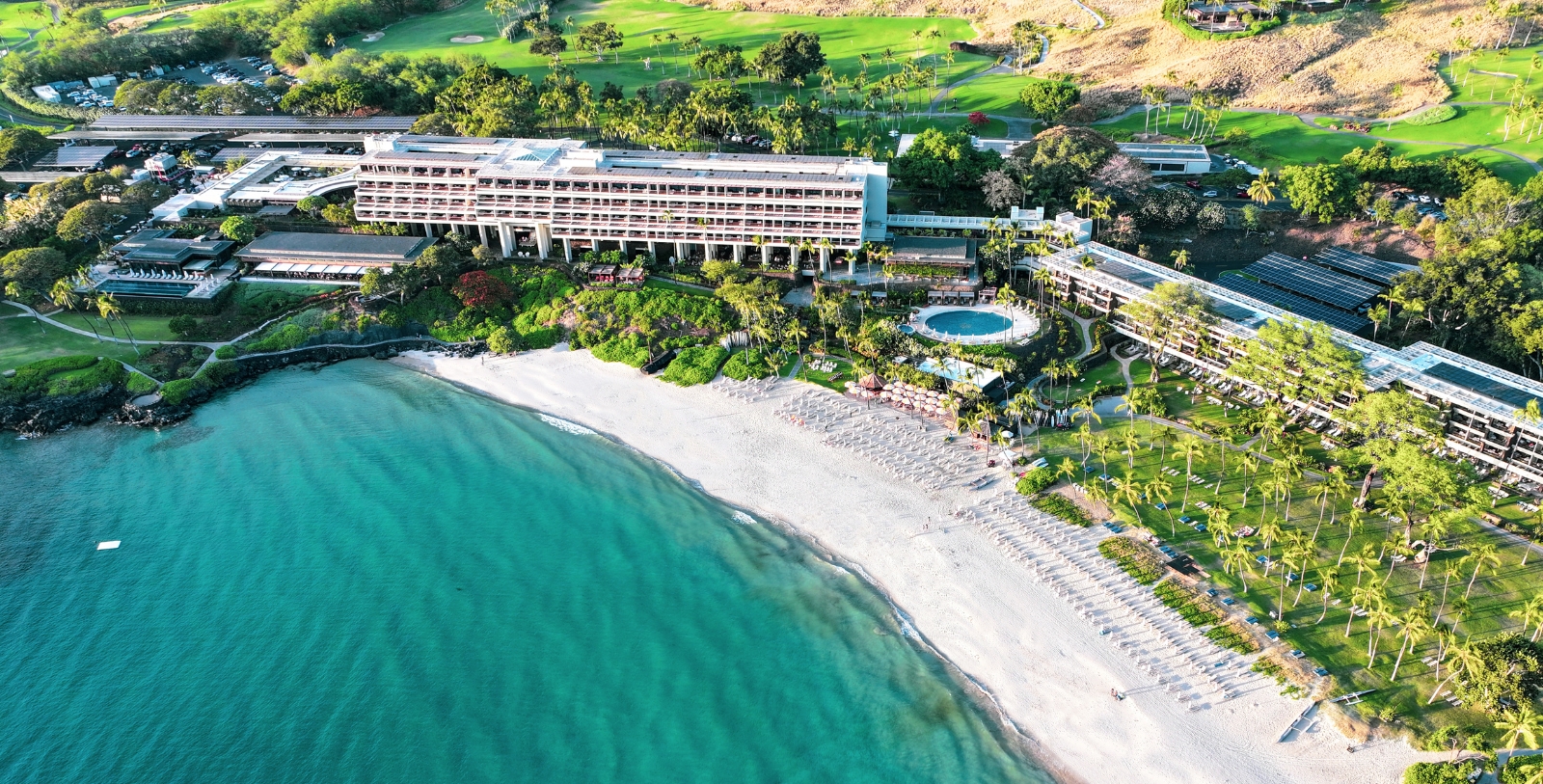Image of Hotel Exterior & Beach, Mauna Kea Beach Hotel, Kohala Coast, Hawaii, 1965, Member of Historic Hotels of America, Overview