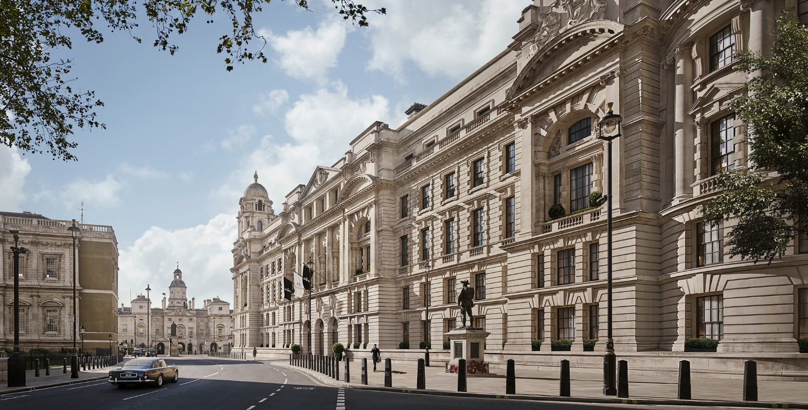 Image of exterior street view of Raffles London at The OWO from Horse Guards Avenue