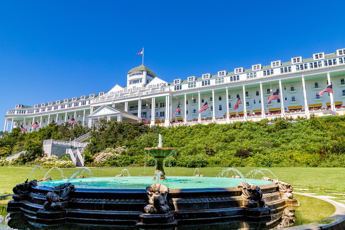 Image of hotel exterior at Grand Hotel, 1887, Member of Historic Hotels of America, in Mackinac Island, Michigan, Special Offers, Discounted Rates, Families, Romantic Escape, Honeymoons, Anniversaries, Reunions