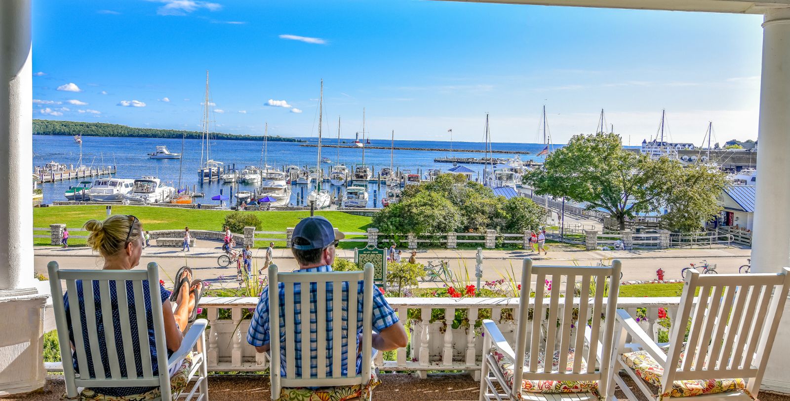 Image of Marina View from Front Porch, Island House Hotel in Mackinac Island, Michigan, 1852, Member of Historic Hotels of America, Explore