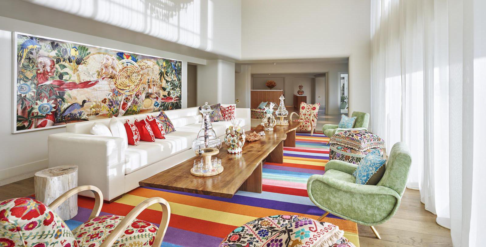 Image of colorful lobby area Casa Faena, 1928, Member of Historic Hotels of America, in Miami Beach, Florida, Special Offers, Discounted Rates, Families, Romantic Escape, Honeymoons, Anniversaries, Reunions