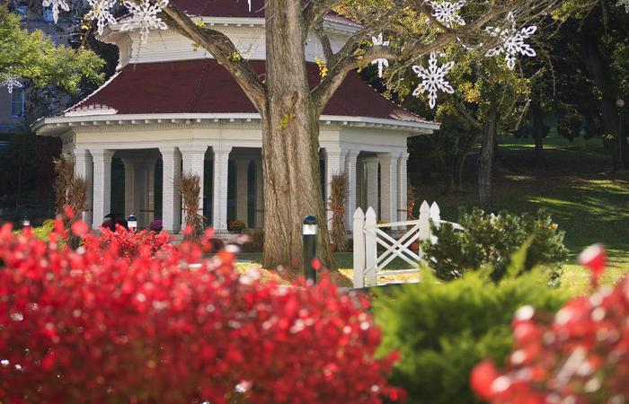 Daytime exterior with flowers at the French Lick Springs Hotel in Indiana.