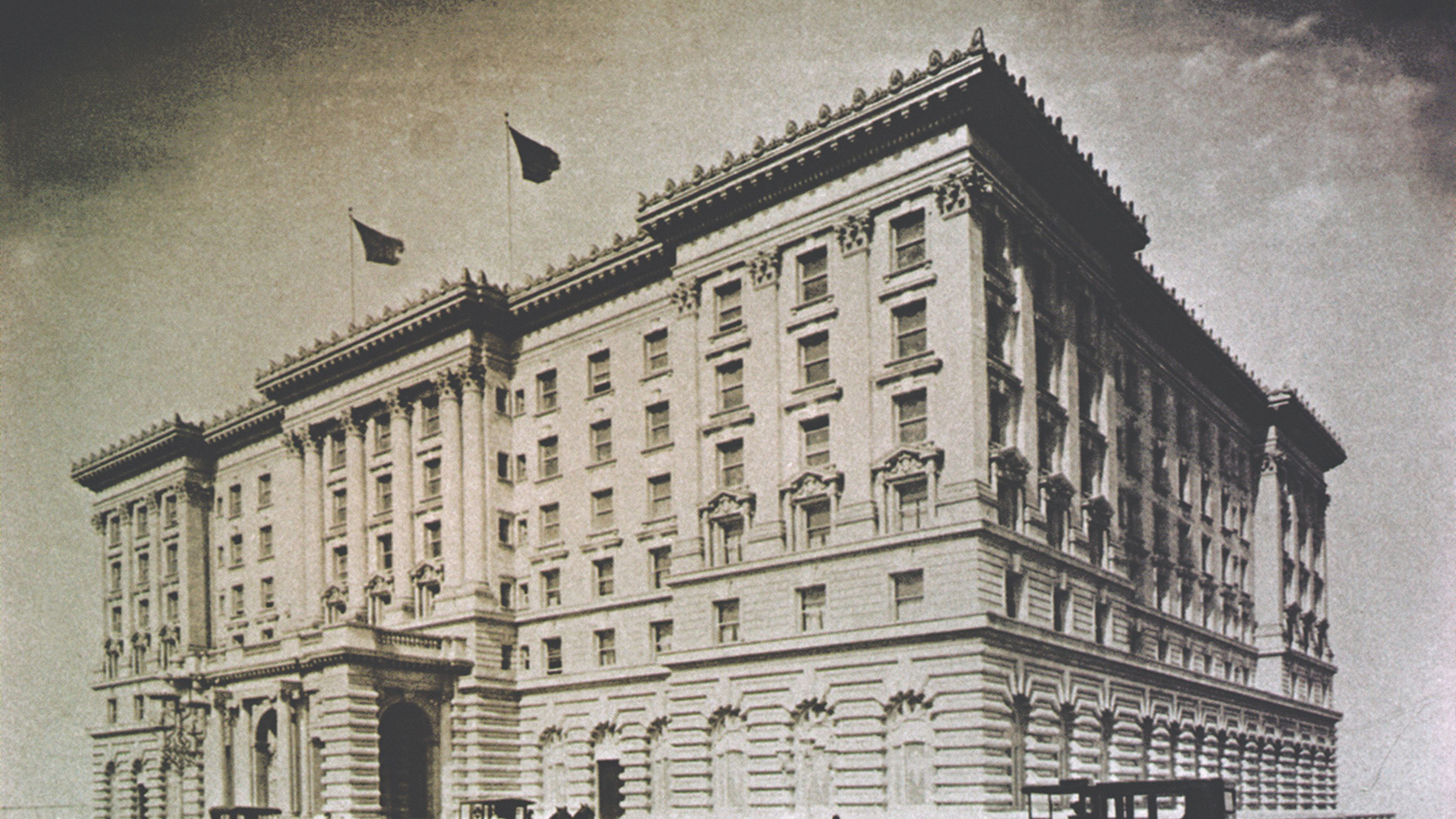 Historical Image of Exterior with Historic Automobiles, The Fairmont Hotel San Francisco, 1907, Member of Historic Hotels of America, in San Francisco, California.