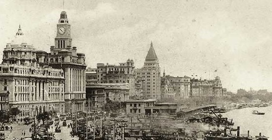 Historical Image of Exterior Along Bund, Fairmont Peace Hotel, Historic Hotels Worldwide, in Shanghai, China.