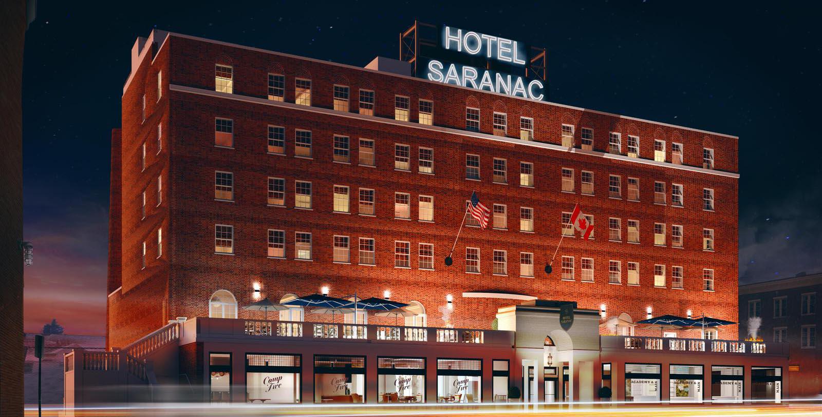 Image of Exterior at Night, Hotel Saranac, Curio Collection by Hilton in Saranac Lake, New York, 1927, Member of Historic Hotels of America, Overview