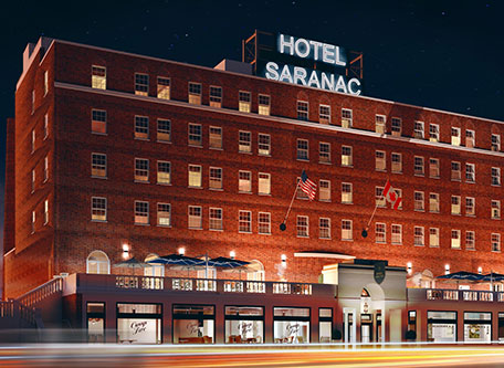Image of Exterior at Night, Hotel Saranac, Curio Collection by Hilton in Saranac Lake, New York, 1927, Member of Historic Hotels of America, Special Offers, Discounted Rates, Families, Romantic Escape, Honeymoons, Anniversaries, Reunions