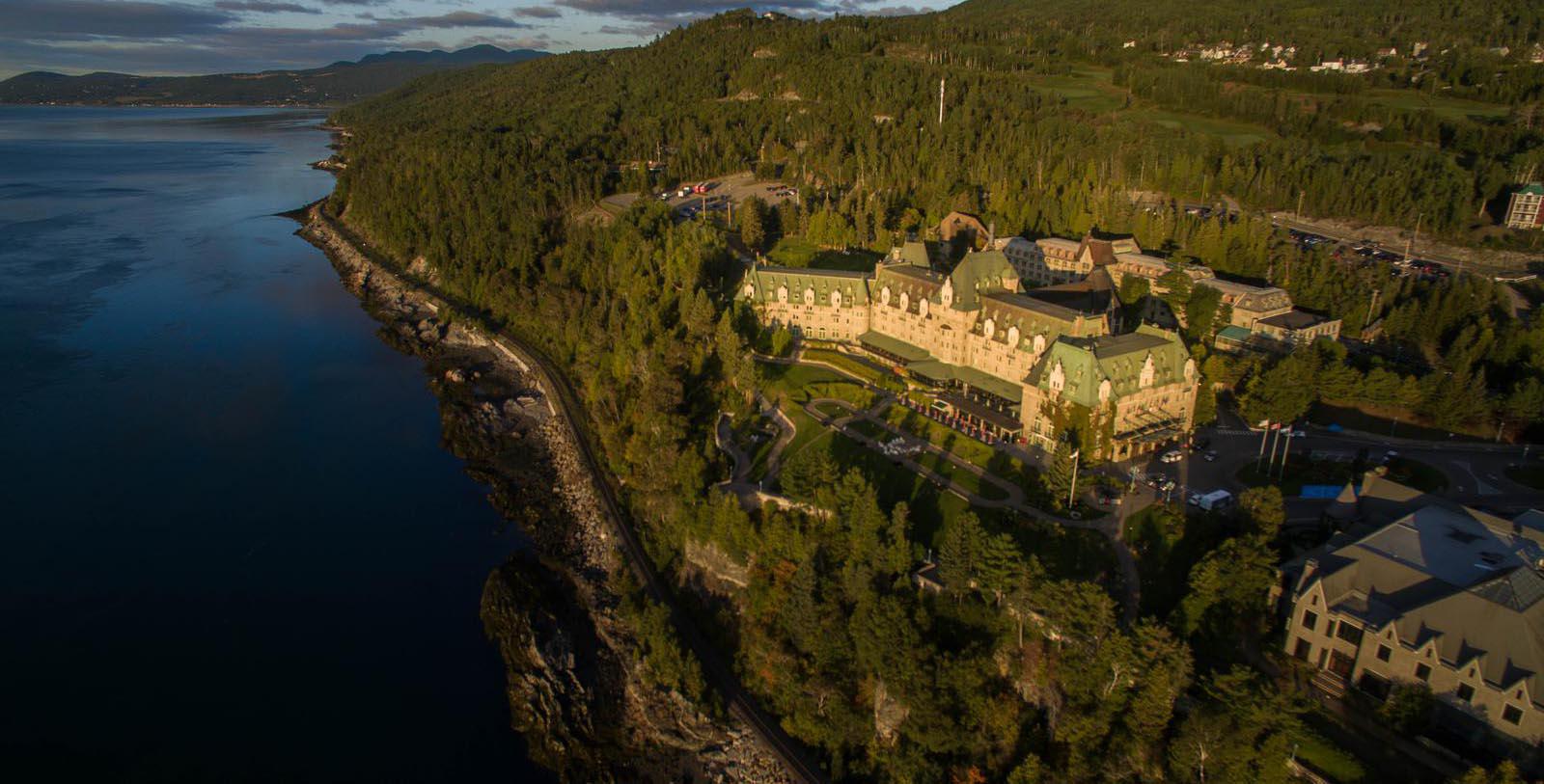 Image of Aerial Exterior View of Hotel Fairmont Le Manoir Richelieu, 1899, Member of Historic Hotels Worldwide, in Charlevoix, Quebec, Special Offers, Discounted Rates, Families, Romantic Escape, Honeymoons, Anniversaries, Reunions