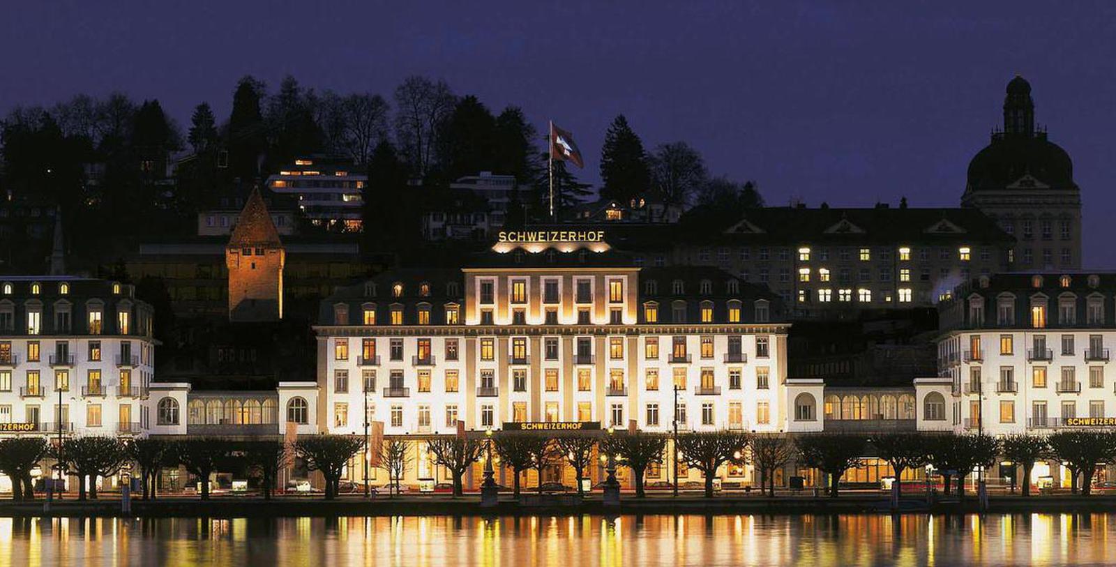 Image of Exterior at Night, Hotel Schweizerhof Luzern, Switzerland, 1845, Member of Historic Hotels Worldwide, Special Offers, Discounted Rates, Families, Romantic Escape, Honeymoons, Anniversaries, Reunions