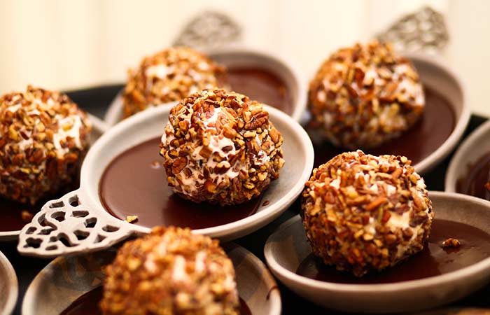 The Grand's Pecan Balls with Fudge Sauce
