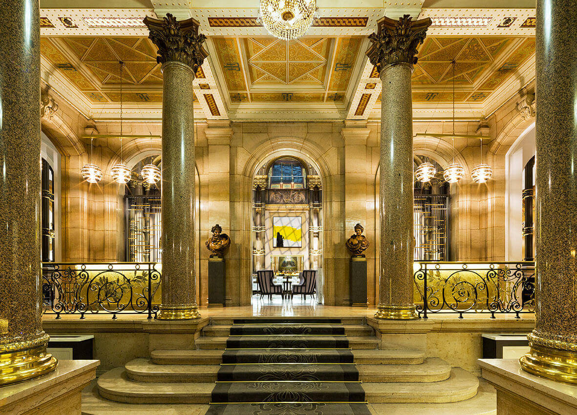 Grand interior lobby of The Jefferson Hotel in Richmond, Virginia.