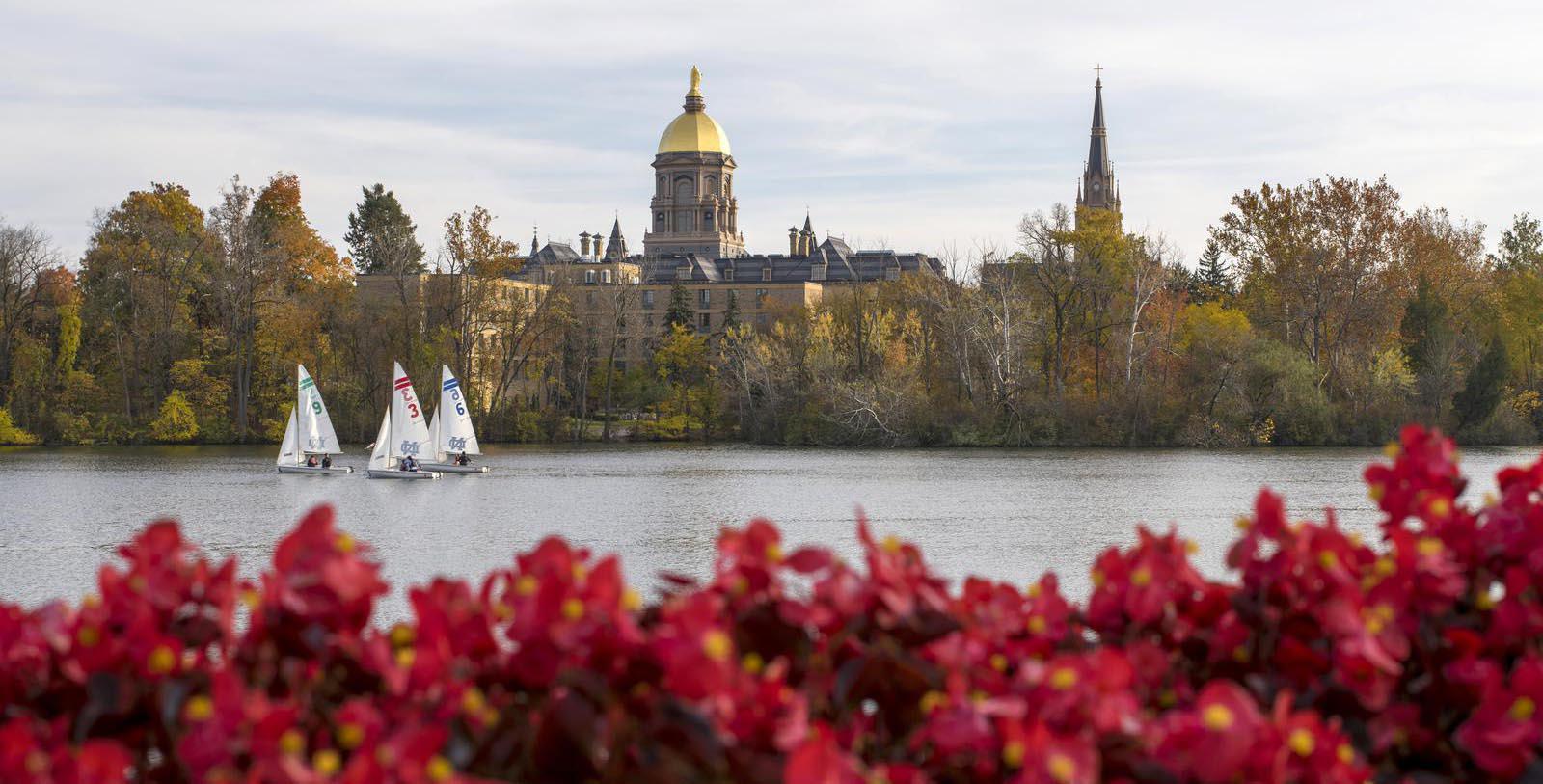 Image of red tulips in front of the Golden Dome at Morris Inn at Notre Dame in South Bend, Indiana.