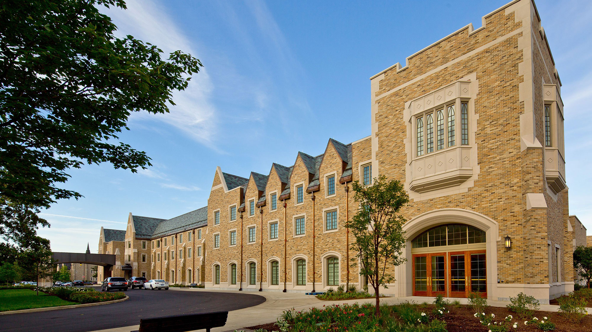 Lake view of the Golden Dome at Morris Inn at the University of Notre Dame, Indiana.