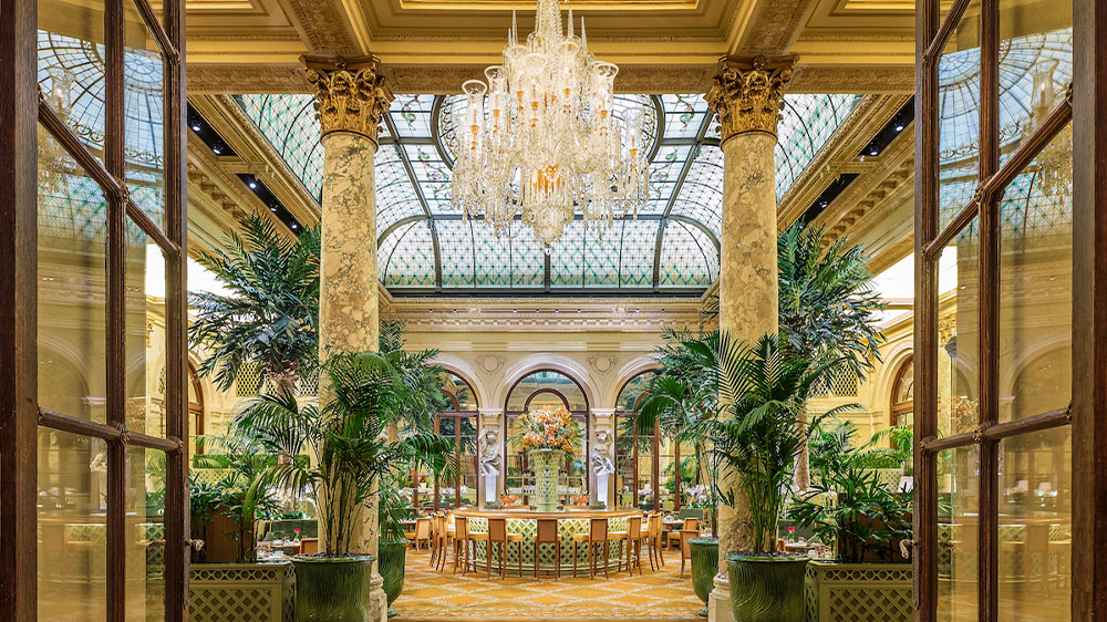 The Palm Court's signature soaring stained-glass dome at The Plaza in New York City.