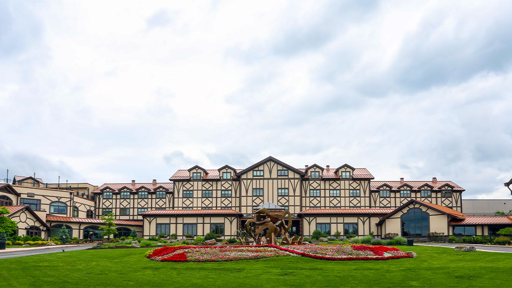 Daytime exterior of The Lodge at Nemacolin Woodlands Resort in Farmington, Pennsylvania.