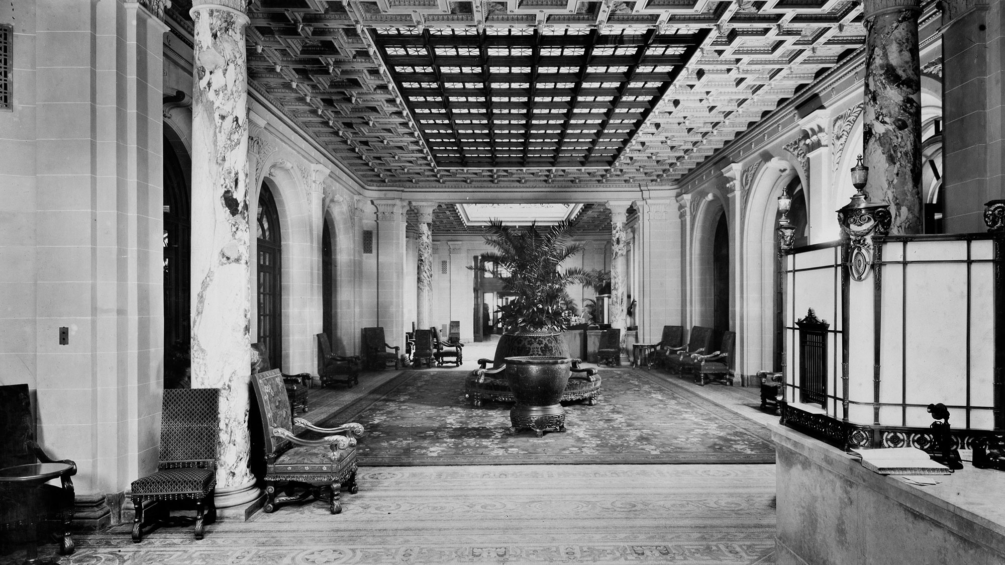 Historic Image of Lobby From Front Desk Fairmont Copley Plaza in Boston, Massachusetts.